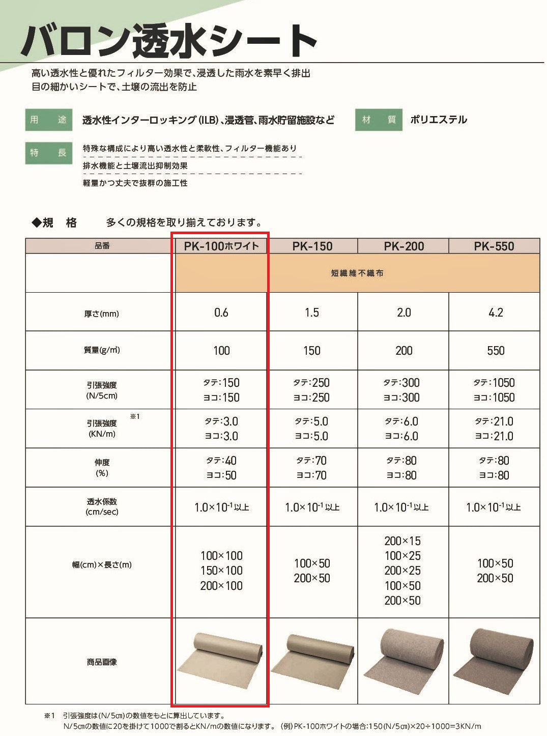 暗渠排水用透水シートの仕様スペック