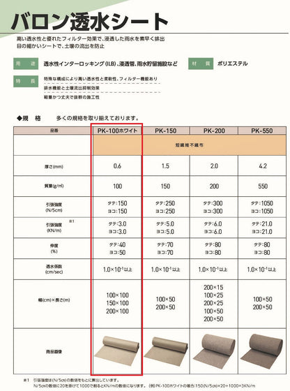 暗渠排水用透水シートの仕様スペック